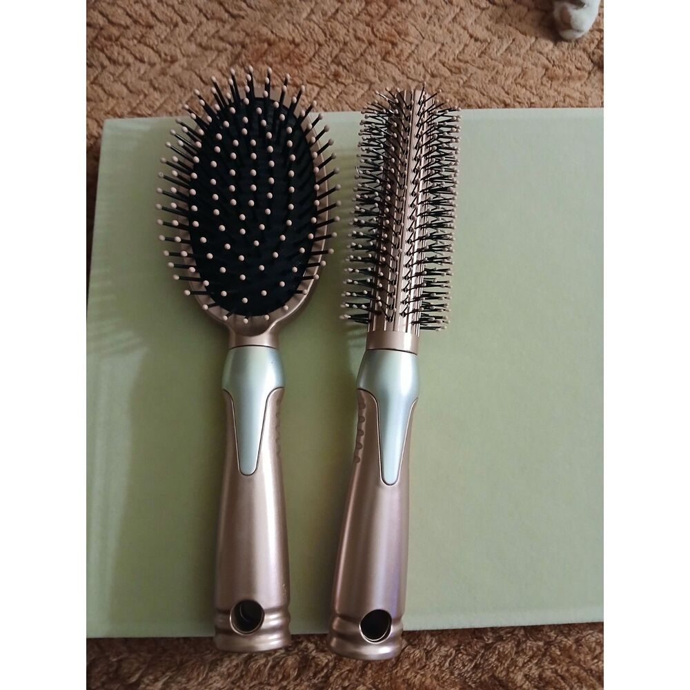 2 Piece Hair Brush Set Paddle Brush & Round Styling Brush Rose Gold Mint